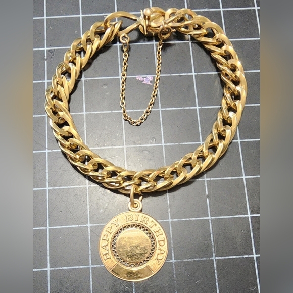 Vintage 12K Gold Filled Double Link Chain Bracelet w/Lamode Happy Birthday Charm - Picture 1 of 10